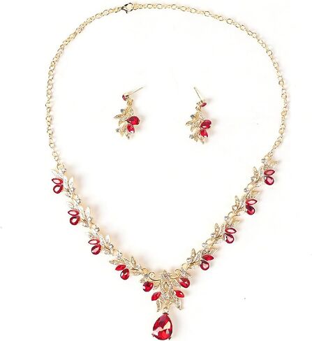 Rhinestone Necklace and Earrings Set with Leaf Design Formal Prom Wedding Jewelry for Women in Kuwait