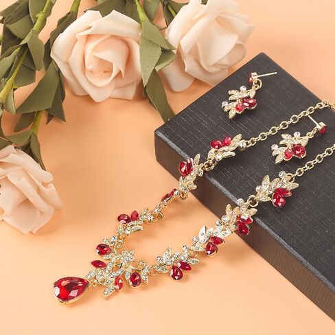 Rhinestone Necklace and Earrings Set with Leaf Design Formal Prom Wedding Jewelry for Women in Kuwait