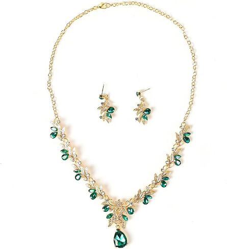Rhinestone Necklace and Earrings Set with Leaf Design Formal Prom Wedding Jewelry for Women in Kuwait