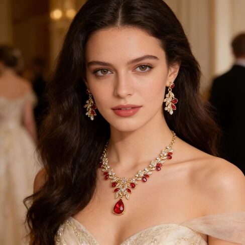 Rhinestone Necklace and Earrings Set with Leaf Design Formal Prom Wedding Jewelry for Women in Kuwait