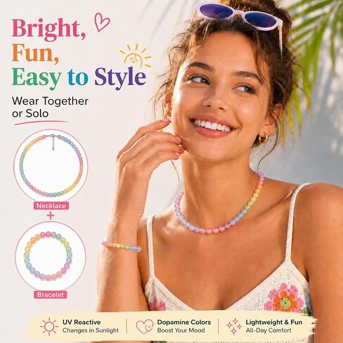 Dopamine Necklace Jewelry for Women UV Reactive Color Changing Beads Necklace Rainbow Colorful Necklaces Summer Sun Dresses 2026 Vacation Outfits Beach Essentials Accessories in Saudi Arabia