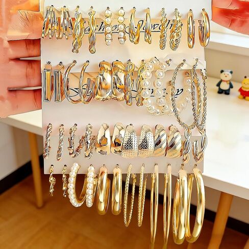 24 Pairs Women's Gold Hoop Earrings Set, Hypoallergenic Chunky Twisted Open Dangle Hoops, Versatile Fashion Jewelry for Daily & Parties in Kuwait