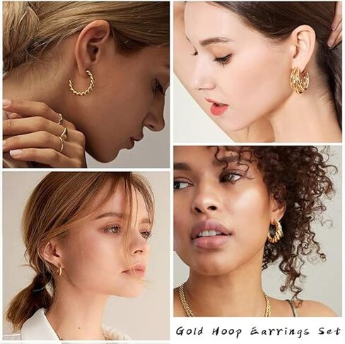 24 Pairs Women's Gold Hoop Earrings Set, Hypoallergenic Chunky Twisted Open Dangle Hoops, Versatile Fashion Jewelry for Daily & Parties in Kuwait