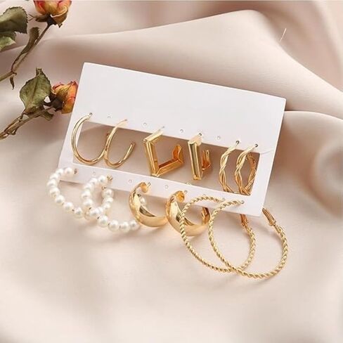 24 Pairs Women's Gold Hoop Earrings Set, Hypoallergenic Chunky Twisted Open Dangle Hoops, Versatile Fashion Jewelry for Daily & Parties in Kuwait