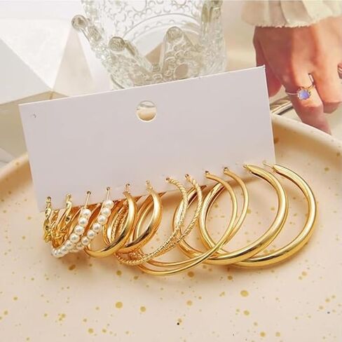 24 Pairs Women's Gold Hoop Earrings Set, Hypoallergenic Chunky Twisted Open Dangle Hoops, Versatile Fashion Jewelry for Daily & Parties in Kuwait