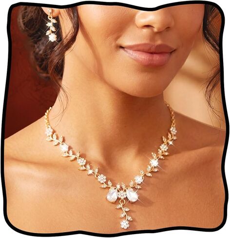 JEAIRTS Vintage Flower Necklace and Earrings Set Rhinestone Statement Jewelry for Women in Saudi Arabia