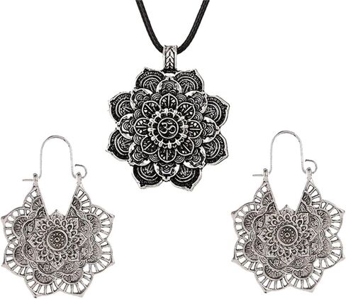 Dreuyet Boho Western Flower Earring Necklaces Set for Women Fashion Ethnic Style Metal Hollow Floral Dangle Drop Earrings Vintage Lotus Pandent Necklaces Yoga Jewelry in Kuwait