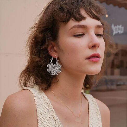 Dreuyet Boho Western Flower Earring Necklaces Set for Women Fashion Ethnic Style Metal Hollow Floral Dangle Drop Earrings Vintage Lotus Pandent Necklaces Yoga Jewelry in Kuwait