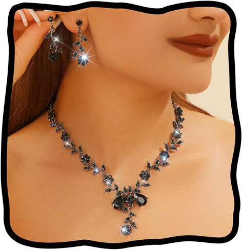 JEAIRTS Vintage Flower Necklace and Earrings Set Rhinestone Statement Jewelry for Women in Saudi Arabia