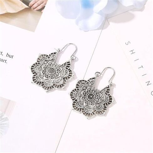 Dreuyet Boho Western Flower Earring Necklaces Set for Women Fashion Ethnic Style Metal Hollow Floral Dangle Drop Earrings Vintage Lotus Pandent Necklaces Yoga Jewelry in Kuwait