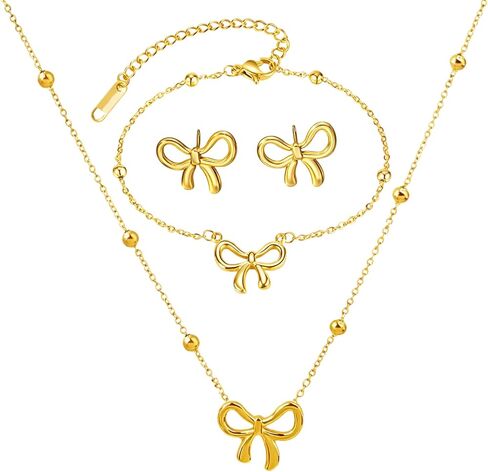 Bow Jewelry Set for Women, 4PCS Gold Bow Necklace and Bracelet with Stud Earrings, Titanium Steel Jewelry Set for Daily, Party and Wedding in Saudi Arabia