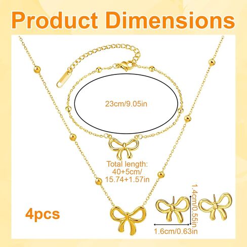 Bow Jewelry Set for Women, 4PCS Gold Bow Necklace and Bracelet with Stud Earrings, Titanium Steel Jewelry Set for Daily, Party and Wedding in Saudi Arabia