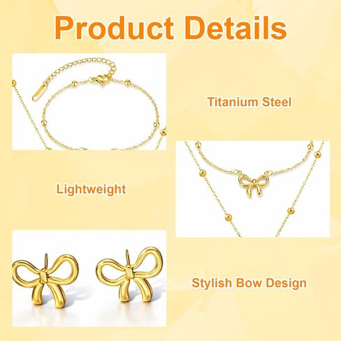 Bow Jewelry Set for Women, 4PCS Gold Bow Necklace and Bracelet with Stud Earrings, Titanium Steel Jewelry Set for Daily, Party and Wedding in Saudi Arabia