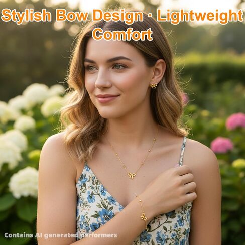Bow Jewelry Set for Women, 4PCS Gold Bow Necklace and Bracelet with Stud Earrings, Titanium Steel Jewelry Set for Daily, Party and Wedding in Saudi Arabia