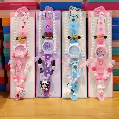2-Piece Cartoon Beaded Pendant Watch & Necklace Set, Colorful Princess Accessories in Saudi Arabia