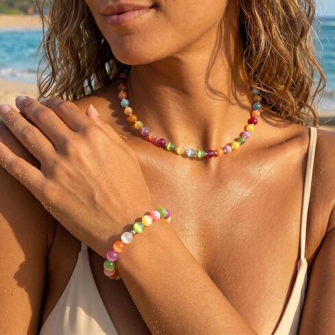 Dopamine Jewelry Set UV Reactive Necklace and Bracelet Rainbow Colorful Beaded Color Changing Mood Necklaces Summer Beach Jewelry for Women Graduation Gifts in Saudi Arabia