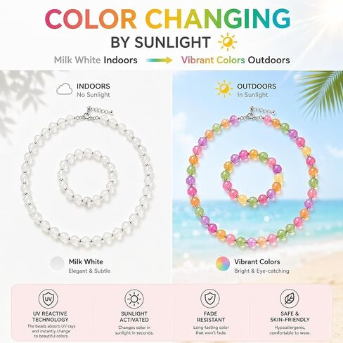 Dopamine Jewelry Set UV Reactive Necklace and Bracelet Rainbow Colorful Beaded Color Changing Mood Necklaces Summer Beach Jewelry for Women Graduation Gifts in Saudi Arabia