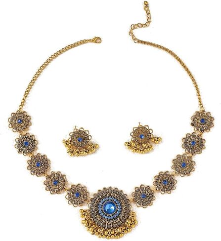 Bollywood Indian Jewelry Sets for Women Wedding Party Jewelry Flower Tassel Beaded Dangle Earring Oxidized Indian Choker Necklace Gold-Tone Plated Zirconia Jhumkas Chandelier Earrings Boho Jewelry in Saudi Arabia