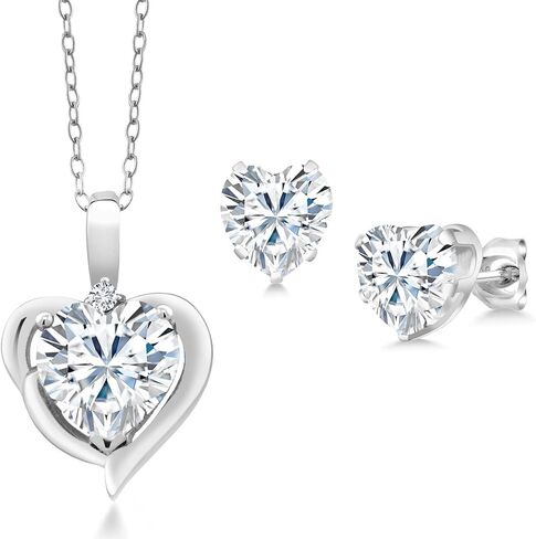 Gem Stone King 3.42 Cttw White Moissanite and White Lab Grown Diamond Pendant Necklace Earrings Set For Women | 925 Sterling Silver | Heart Shape 8MM and 6MM | With 18 Inch Chain in Saudi Arabia