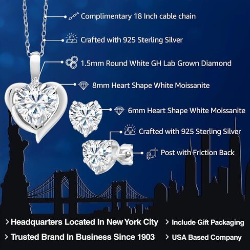Gem Stone King 3.42 Cttw White Moissanite and White Lab Grown Diamond Pendant Necklace Earrings Set For Women | 925 Sterling Silver | Heart Shape 8MM and 6MM | With 18 Inch Chain in Saudi Arabia