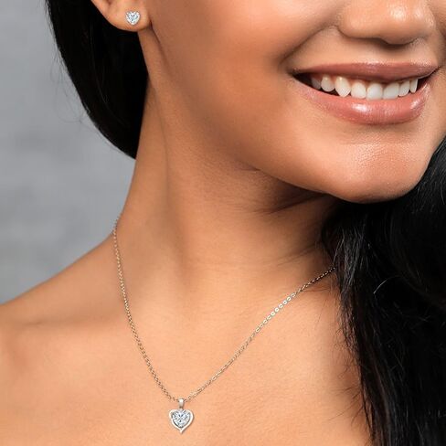 Gem Stone King 3.42 Cttw White Moissanite and White Lab Grown Diamond Pendant Necklace Earrings Set For Women | 925 Sterling Silver | Heart Shape 8MM and 6MM | With 18 Inch Chain in Saudi Arabia