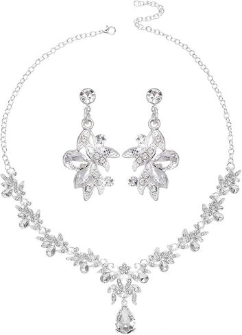 Yolev Silver Jewelry Set for Women Crystal Rhinestone Earrings Choker Necklace Elegant Bridal Jewelry Sets Wedding Jewelry Sets for Women Wedding Bridal Bridesmaid Prom Costume Party in Kuwait