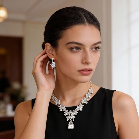 Yolev Silver Jewelry Set for Women Crystal Rhinestone Earrings Choker Necklace Elegant Bridal Jewelry Sets Wedding Jewelry Sets for Women Wedding Bridal Bridesmaid Prom Costume Party in Kuwait