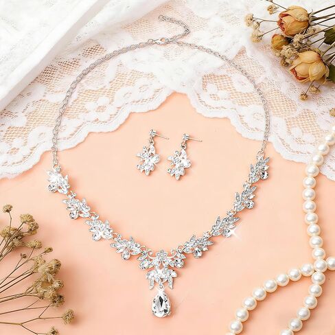 Yolev Silver Jewelry Set for Women Crystal Rhinestone Earrings Choker Necklace Elegant Bridal Jewelry Sets Wedding Jewelry Sets for Women Wedding Bridal Bridesmaid Prom Costume Party in Kuwait