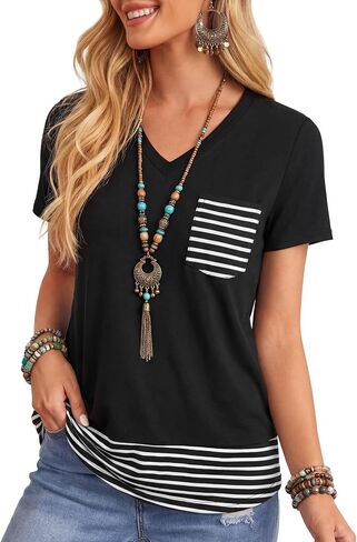 Vrtige Women's Striped V Neck Short Sleeve Casual Blouse Top Shirts with Pocket in Kuwait