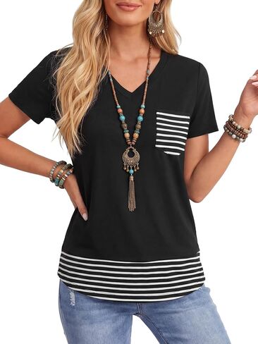 Vrtige Women's Striped V Neck Short Sleeve Casual Blouse Top Shirts with Pocket in Kuwait