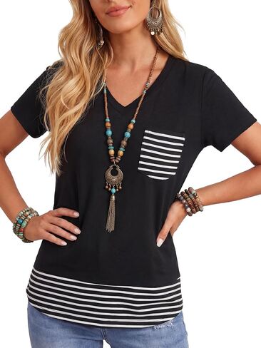 Vrtige Women's Striped V Neck Short Sleeve Casual Blouse Top Shirts with Pocket in Kuwait