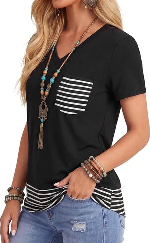 Vrtige Women's Striped V Neck Short Sleeve Casual Blouse Top Shirts with Pocket in Kuwait