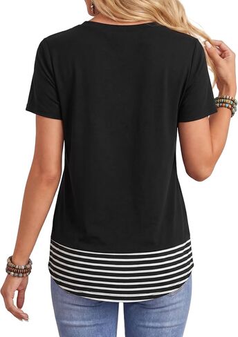 Vrtige Women's Striped V Neck Short Sleeve Casual Blouse Top Shirts with Pocket in Kuwait