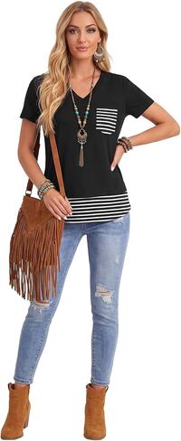 Vrtige Women's Striped V Neck Short Sleeve Casual Blouse Top Shirts with Pocket in Kuwait
