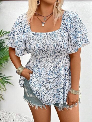Women's Plus Size Floral Peplum Blouse, Square Neck Ruffle Short Sleeve Top for Summer Beach Vacation in Kuwait