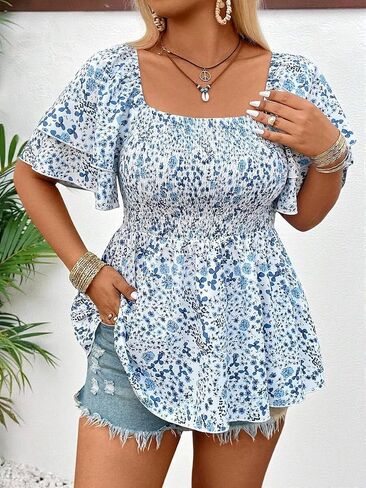 Women's Plus Size Floral Peplum Blouse, Square Neck Ruffle Short Sleeve Top for Summer Beach Vacation in Kuwait