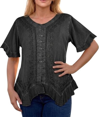 Agan Traders 2026 Summer Short Sleeve Embroidered Tops for Women - Boho Medieval Button-Down Asymmetric Shirts Womens Blouse in Kuwait