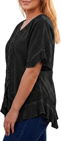 Agan Traders 2026 Summer Short Sleeve Embroidered Tops for Women - Boho Medieval Button-Down Asymmetric Shirts Womens Blouse in Kuwait