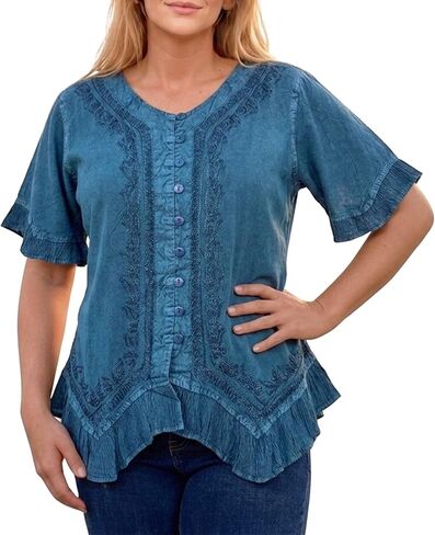 Agan Traders 2026 Summer Short Sleeve Embroidered Tops for Women - Boho Medieval Button-Down Asymmetric Shirts Womens Blouse in Kuwait