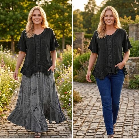 Agan Traders 2026 Summer Short Sleeve Embroidered Tops for Women - Boho Medieval Button-Down Asymmetric Shirts Womens Blouse in Kuwait
