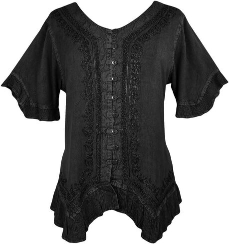 Agan Traders 2026 Summer Short Sleeve Embroidered Tops for Women - Boho Medieval Button-Down Asymmetric Shirts Womens Blouse in Kuwait