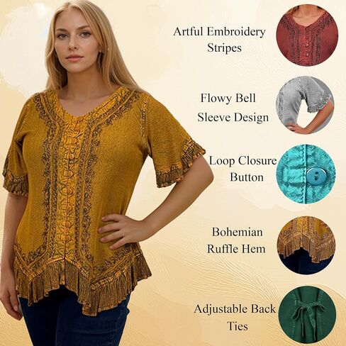 Agan Traders 2026 Summer Short Sleeve Embroidered Tops for Women - Boho Medieval Button-Down Asymmetric Shirts Womens Blouse in Kuwait