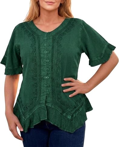 Agan Traders 2026 Summer Short Sleeve Embroidered Tops for Women - Boho Medieval Button-Down Asymmetric Shirts Womens Blouse in Kuwait