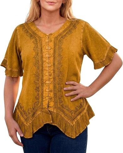 Agan Traders 2026 Summer Short Sleeve Embroidered Tops for Women - Boho Medieval Button-Down Asymmetric Shirts Womens Blouse in Kuwait