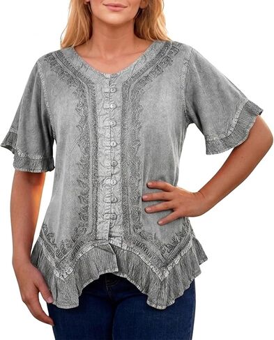 Agan Traders 2026 Summer Short Sleeve Embroidered Tops for Women - Boho Medieval Button-Down Asymmetric Shirts Womens Blouse in Kuwait