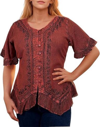 Agan Traders 2026 Summer Short Sleeve Embroidered Tops for Women - Boho Medieval Button-Down Asymmetric Shirts Womens Blouse in Kuwait