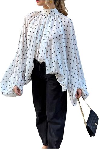 Verdusa Women's Polka Dots Bow Chiffon Blouse Mock Neck Lantern Long Sleeve Flowy Tops in Kuwait