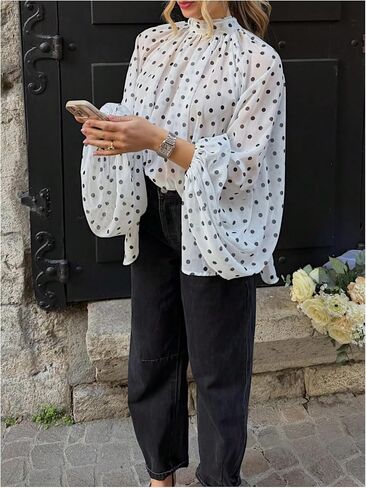 Verdusa Women's Polka Dots Bow Chiffon Blouse Mock Neck Lantern Long Sleeve Flowy Tops in Kuwait