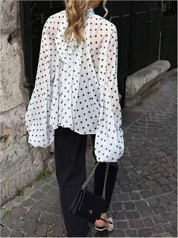 Verdusa Women's Polka Dots Bow Chiffon Blouse Mock Neck Lantern Long Sleeve Flowy Tops in Kuwait