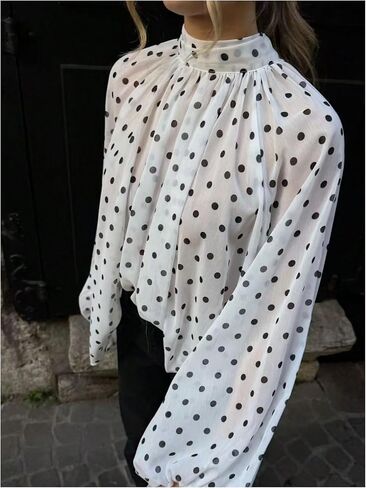 Verdusa Women's Polka Dots Bow Chiffon Blouse Mock Neck Lantern Long Sleeve Flowy Tops in Kuwait